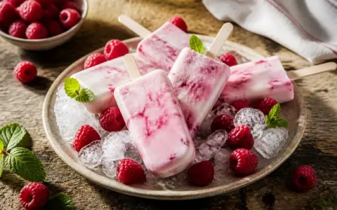 Erfrischendes Himbeer Joghurt Eis auf einem Teller mit frischen Himbeeren und Minze, serviert auf zerstoßenem Eis.