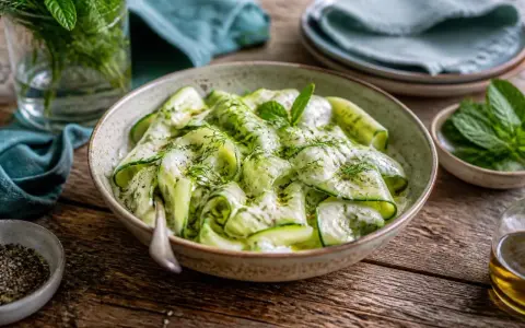 Erfrischender Zucchini-Salat mit Joghurt, Dill und Minze, garniert mit frischen Kräutern. Ein leichter Genuss!
