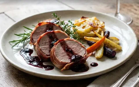 Saftiges Schweinefilet im Speckmantel mit Beerensoße, dazu Rosmarinkartoffeln und bunte Karotten. Ein Klassiker unter den Schweinefilet Rezepten.