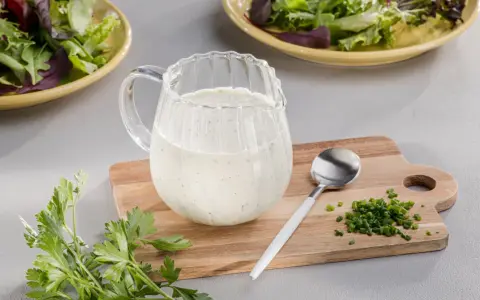 Ein Krug mit cremigem Ranch Dressing, daneben Schnittlauch und Petersilie. Perfekt für einen frischen Salat.