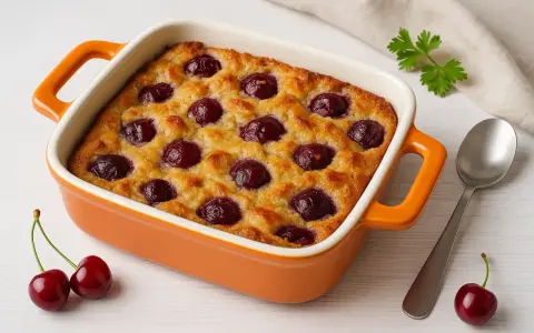 Eine köstliche Kirschpfanne mit Zwieback, goldbraun gebacken und mit saftigen Kirschen belegt. Perfekt für ein süßes Dessert.