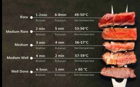 Anleitung, wie man ein **Steak medium rare braten** kann. Zeigt verschiedene Garstufen von Rare bis Well Done mit Brat- und Ruhezeiten sowie Kerntemperaturen.