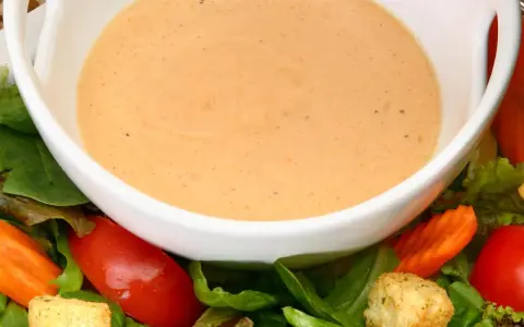 Cremiges French Dressing in einer weißen Schüssel, umgeben von frischem Salat, Tomaten und Karotten.