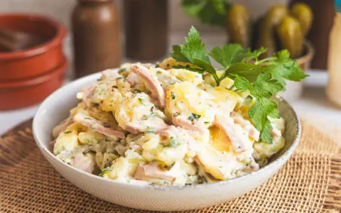 Schüssel mit Kartoffelsalat mit Miracel Whip, Schinken und Petersilie. Dazu passen Gewürzgurken.