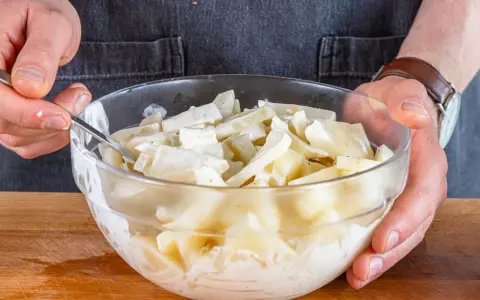 Hände mischen in einer Glasschüssel den cremigen selleriesalat nach Omas Rezept.
