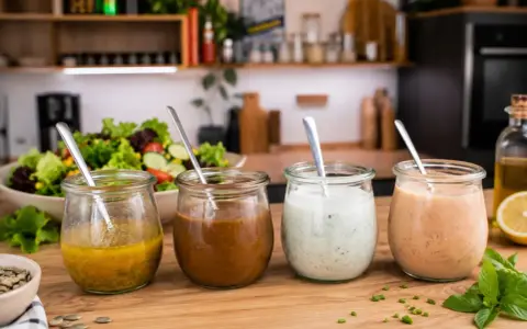 Vier Gläser mit verschiedenen **Salatdressing**-Sorten stehen auf einem Holztisch. Im Hintergrund ein frischer Salat.