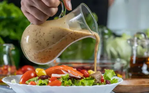Cremiges Salatdressing ohne Essig wird über einen bunten Salat mit Krabbenfleisch und Kirschtomaten gegossen.