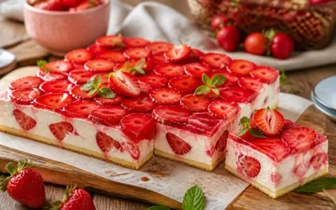 Erdbeerschnitten mit Quark: Ein saftiger Boden, cremiger Quark und frische Erdbeeren unter glänzendem Gelee. Ein Sommergenuss!