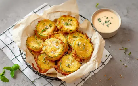 Korb mit knusprigen, gebackenen Zucchini im Teigmantel, bestreut mit Kräutern und Salz. Daneben eine Schale cremiger Dip.