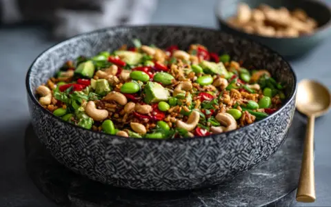 Schüssel mit einem bunten, knusprigen Reis-Salat, garniert mit Edamame, Cashewkernen, Avocado und Chili.