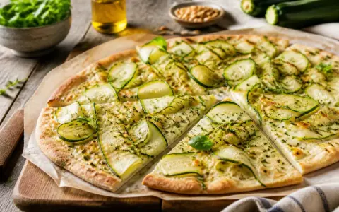 Flammkuchen mit Zucchini, belegt mit dünnen Zucchinischeiben und Kräutern, auf einem Holzbrett.