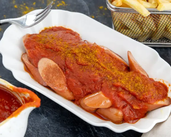 Currywurst mit selbstgemachter Currysauce, einfach und lecker. Pommes frites im Hintergrund.
