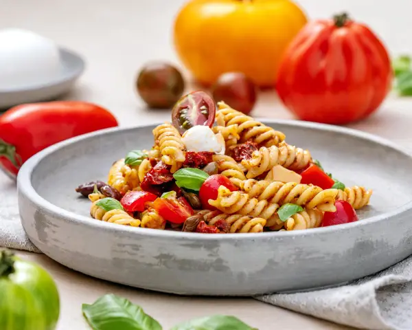 Ein köstlicher nudelsalat mit essig, garniert mit frischem Basilikum, Kirschtomaten und Mozzarella-Kugeln.