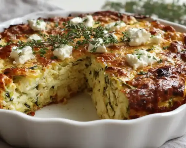 Herzhaftes zucchini mit feta im ofen, goldbraun gebacken und mit frischen Kräutern garniert.