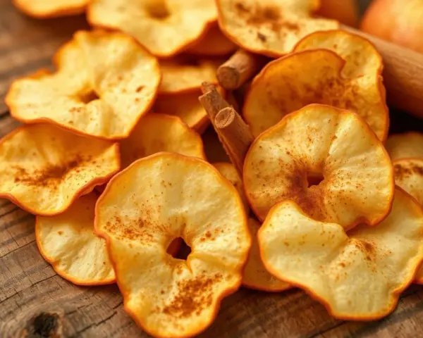 Leckere, selbstgemachte Apfelchips mit Zimt, bereit zum Genießen. So einfach ist es, Apfelchips selber machen!