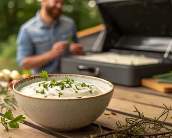 Schüssel mit cremiger Sour Cream, garniert mit Petersilie, steht auf einem Holztisch. Im Hintergrund bereitet ein Mann das Grillgut vor.