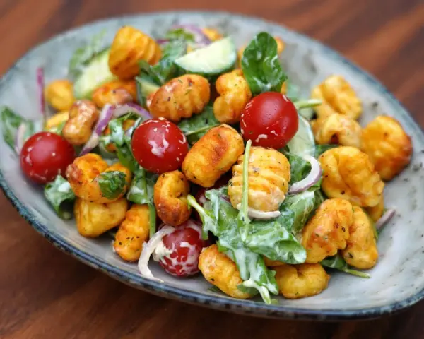 Herzhafter Gnocchi Salat mit Kirschtomaten, Gurken und einem cremigen Dressing.