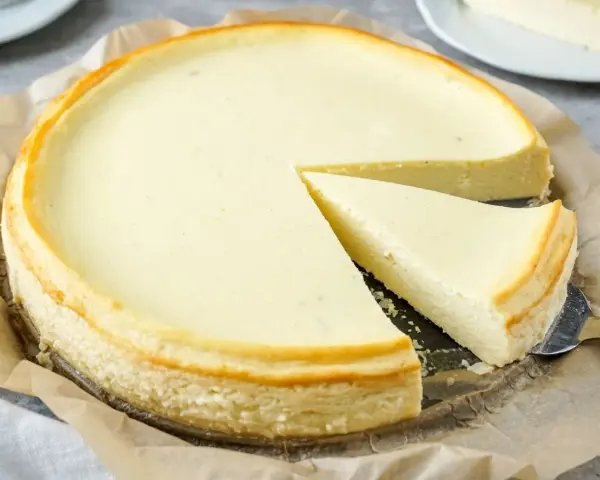 Ein cremiger Quarkkuchen ohne Boden, nach Omas Rezept, mit einer leicht gebräunten Kruste und einer zarten Füllung.