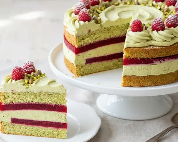 Eine wunderschöne Pistazien Himbeer Torte mit frischen Himbeeren und gehackten Pistazien. Ein Stück ist bereits auf einem Teller angerichtet.