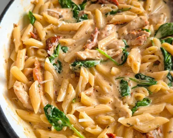 Cremige Penne mit Hähnchen, Spinat und getrockneten Tomaten. Dieses "Marry Me Chicken" Gericht ist so lecker, dass man es heiraten möchte!