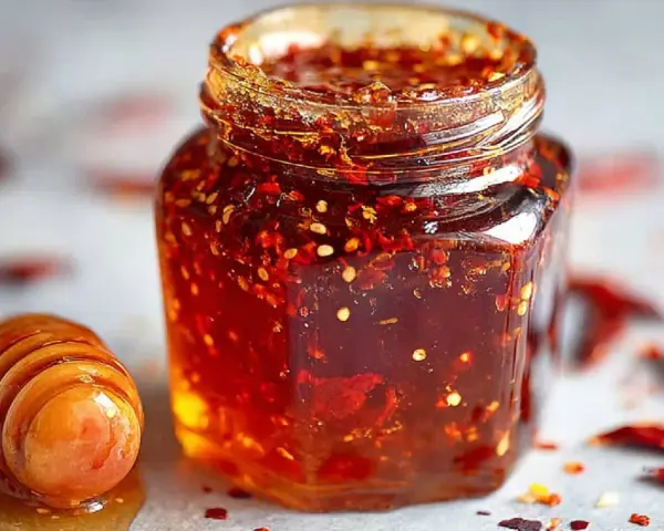 Glas mit würzigem Honig, ideal für ein Hot Honey Rezept. Daneben ein Honiglöffel mit flüssigem Honig.