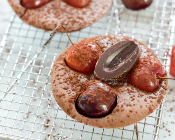 Schokoladen-Clafoutis mit Kirschen und Schokostückchen, ein köstliches clafoutis rezept original, bestäubt mit Kakaopulver.