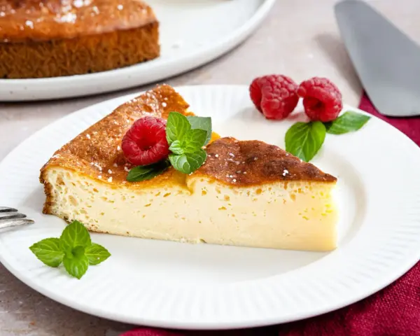 Ein Stück cremiger Kuchen mit griechischem Joghurt, garniert mit Himbeeren und Minze.
