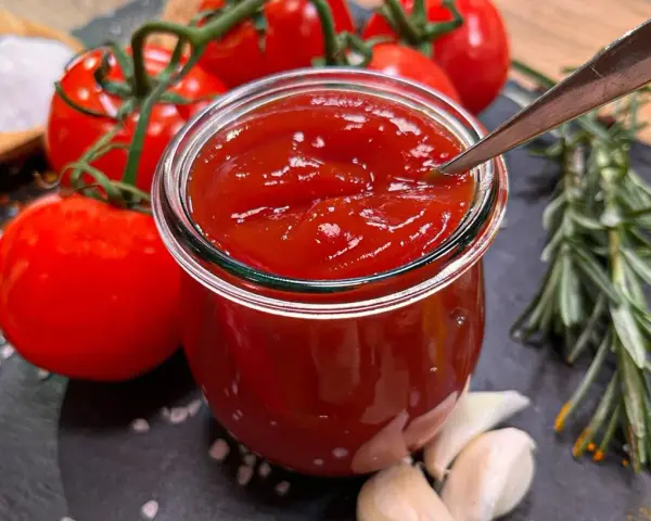 Frisches, selbstgemachtes Ketchup in einem Glas, umgeben von Tomaten, Knoblauch und Rosmarin. Perfekt zum Ketchup selber machen!