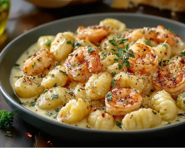 Gnocchi mit Garnelen in cremiger Sauce, garniert mit Kräutern und Gewürzen. Ein köstliches Gericht, das zum Genießen einlädt.