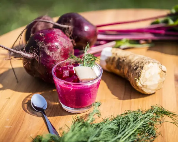 Rote Bete Mus Rezept: Frische rote Bete, Meerrettich und Dill auf Holztisch. Ein Glas mit leuchtend pinkem Mus, garniert mit Würfeln und Dill.