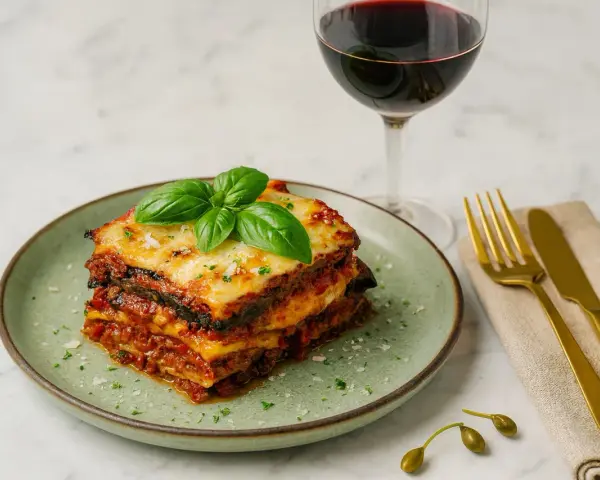 Schicht für Schicht ein Genuss: Ein Stück authentisches Melanzane Rezept Original, garniert mit frischem Basilikum, neben einem Glas Rotwein.