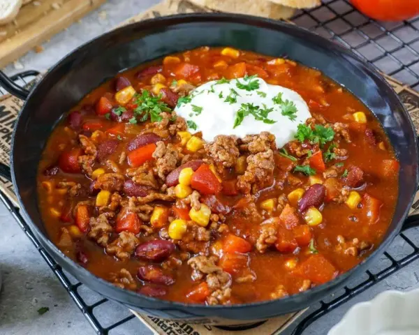 Herzhaftes Chili con Carne mit Hackfleisch, Kidneybohnen, Mais und Paprika, garniert mit einem Klecks Sauerrahm und Petersilie.