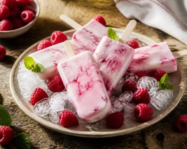 Erfrischendes Himbeer Joghurt Eis auf einem Teller mit frischen Himbeeren und Minze, serviert auf zerstoßenem Eis.