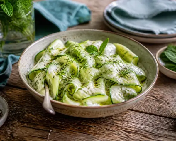 Erfrischender Zucchini-Salat mit Joghurt, Dill und Minze, garniert mit frischen Kräutern. Ein leichter Genuss!