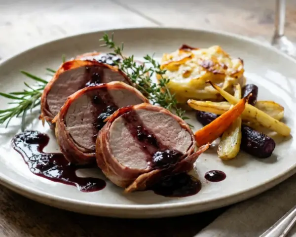 Saftiges Schweinefilet im Speckmantel mit Beerensoße, dazu Rosmarinkartoffeln und bunte Karotten. Ein Klassiker unter den Schweinefilet Rezepten.