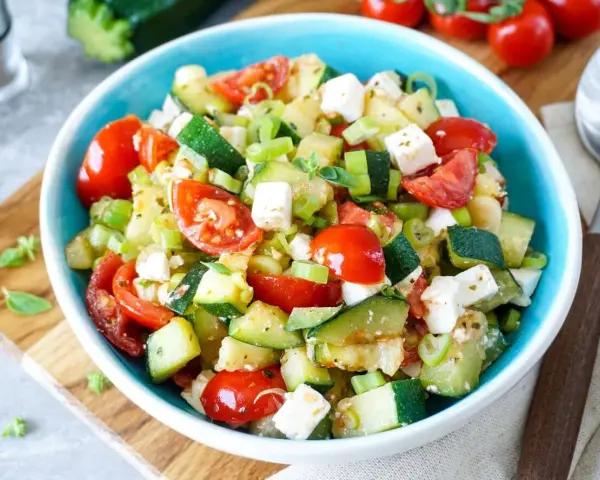 Erfrischender Zucchini Salat mit Tomaten, Feta und Frühlingszwiebeln, garniert mit frischen Kräutern. Ein leichter Genuss.
