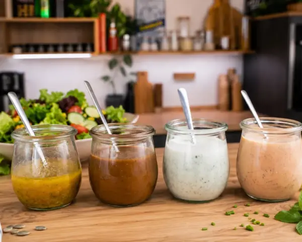 Vier Gläser mit verschiedenen **Salatdressing**-Sorten stehen auf einem Holztisch. Im Hintergrund ein frischer Salat.