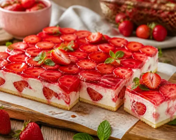Erdbeerschnitten mit Quark: Ein saftiger Boden, cremiger Quark und frische Erdbeeren unter glänzendem Gelee. Ein Sommergenuss!