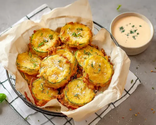 Korb mit knusprigen, gebackenen Zucchini im Teigmantel, bestreut mit Kräutern und Salz. Daneben eine Schale cremiger Dip.