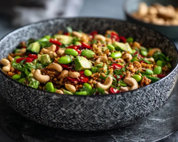 Schüssel mit einem bunten, knusprigen Reis-Salat, garniert mit Edamame, Cashewkernen, Avocado und Chili.