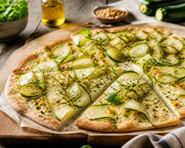 Flammkuchen mit Zucchini, belegt mit dünnen Zucchinischeiben und Kräutern, auf einem Holzbrett.