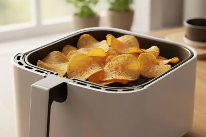 Knusprige kartoffelchips im Airfryer, bereit zum Genießen.