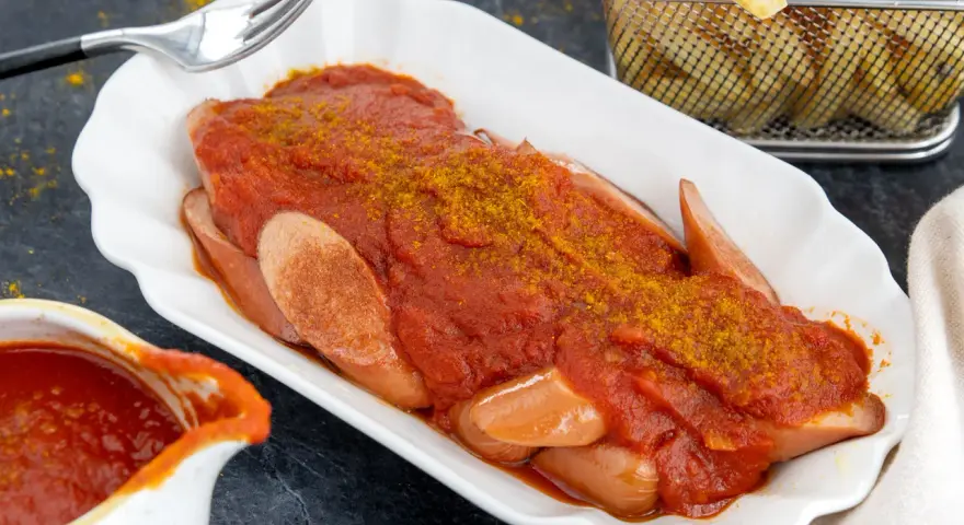 Currywurst mit selbstgemachter Currysauce, einfach und lecker. Pommes frites im Hintergrund.