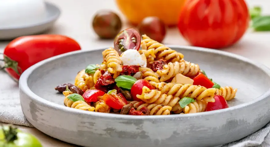Ein köstlicher nudelsalat mit essig, garniert mit frischem Basilikum, Kirschtomaten und Mozzarella-Kugeln.