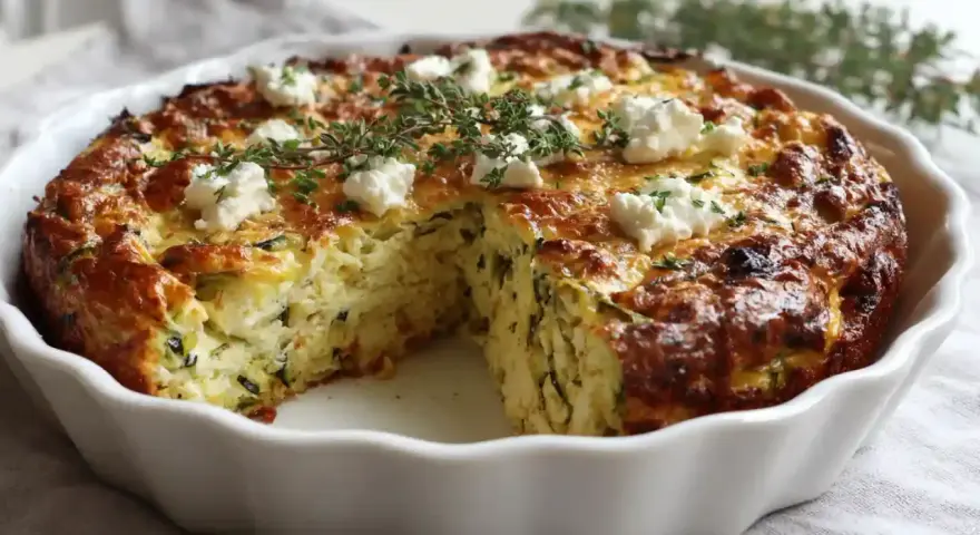 Herzhaftes zucchini mit feta im ofen, goldbraun gebacken und mit frischen Kräutern garniert.