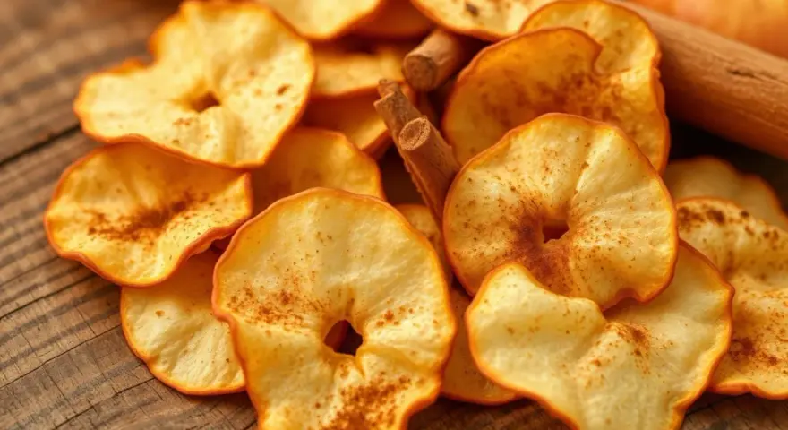 Leckere, selbstgemachte Apfelchips mit Zimt, bereit zum Genießen. So einfach ist es, Apfelchips selber machen!