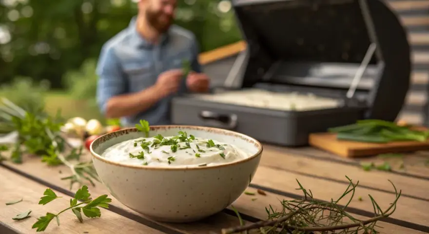 Schüssel mit cremiger Sour Cream, garniert mit Petersilie, steht auf einem Holztisch. Im Hintergrund bereitet ein Mann das Grillgut vor.