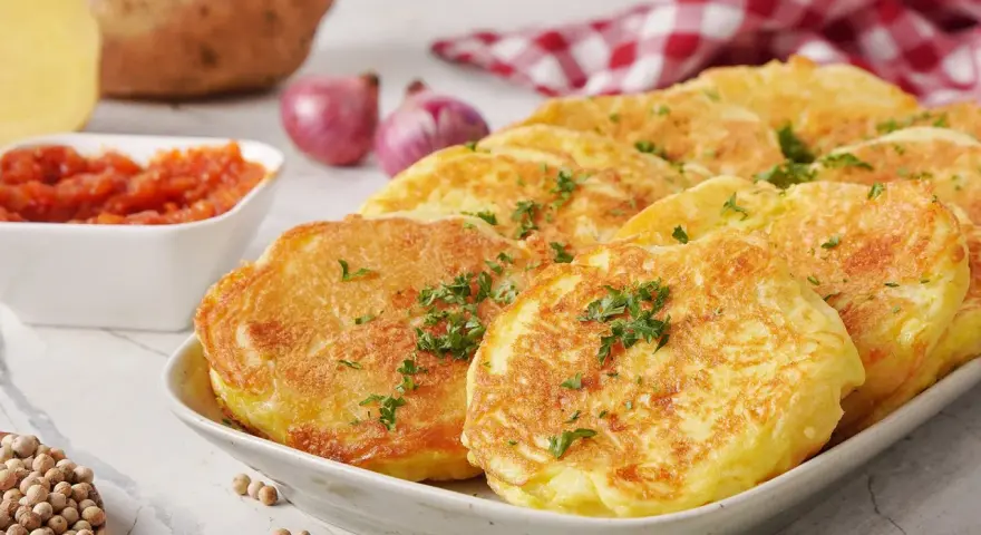 Goldbraune Kartoffelpuffer, garniert mit Petersilie, sind ein köstliches Beispiel für Rezepte mit Kartoffeln als Hauptspeise. Dazu passen Tomatensoße und Zwiebeln.