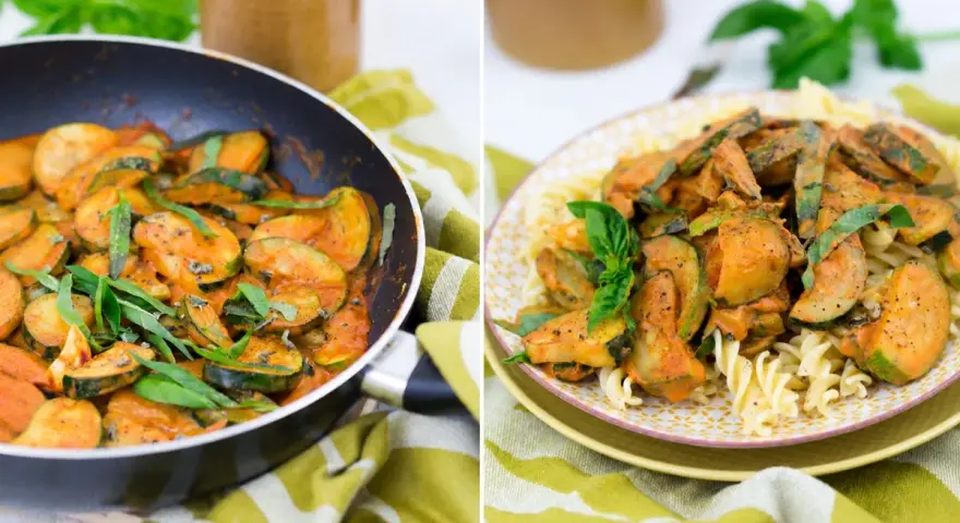 Zucchini-Pasta mit cremiger Tomaten-Zucchini-Sauce, garniert mit frischem Basilikum. Ein köstliches Gericht, das Lust auf mehr macht.