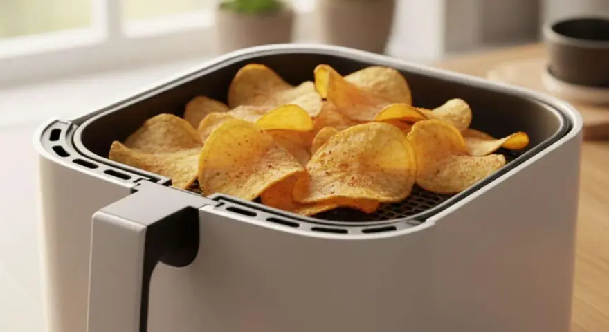 Knusprige kartoffelchips im Airfryer, bereit zum Genießen.
